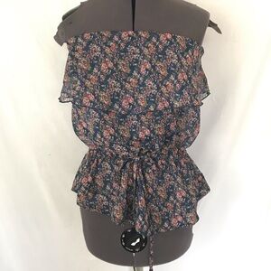 Express Y2K Blue and Pink Floral Sheer Ruffle Strapless Top • Size XS 🔴